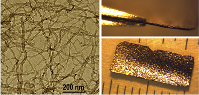Material compuesto basado en el acetato de gadolinio y nanotubos de carbono. Derecha: vista a escala nanométrica a través de un microscopio electrónico de transmisión. Izquierda: vista de la lámina (CSIC) Material compuesto basado en el acetato de gadolinio y nanotubos de carbono. Derecha: vista a escala nanométrica a través de un microscopio electrónico de transmisión. Izquierda: vista de la lámina (CSIC)
