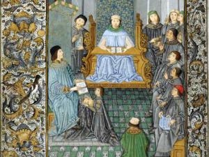 Antonio de Nebrija impartiendo gramática en presencia del mecenas Juan de Zúñiga. Miniatura de las Introductiones latinae, 1481. / (WIKIMEDIA)