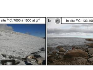  Sitios de muestra in situ 14C. Fotografías de los inventarios a más bajo (sitio n. ° 2) y b más altos (sitio n. ° 23) de ubicaciones de muestras in situ de 14C y medidas de concentraciones in situ de 14C. Los altos niveles de producción de 14C in situ a través del hielo delgado en el sitio # 23 en relación con el hielo grueso en el sitio # 2 probablemente explican los altos inventarios de 14C in situ en el sitio # 23. / Simon L. Pendleton, et al. DOI: 10.1038/s41467-019-08307-w