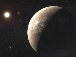 Ilustración del artista del exoplaneta Proxima Centauri b que muestra una Super-Tierra árida pero no completamente libre de agua. / ESO/M. Kornmesser (WIKIMEDIA)