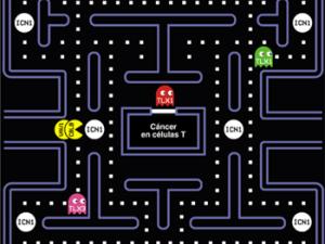 El grupo del Dr. Bustelo ha descubierto que la proteína VAV1 actúa como un supresor de tumores en un cáncer de células de la sangre conocido por LLTA-A. Esta función está mediada por la asociación de VAV1 con CBL-B (pac-man amarillo), un complejo que favorece la eliminación de un factor que es esencial para el crecimiento y viabilidad de las células tumorales (ICN1, círculos blancos). / CIBERONC