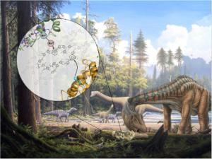 Recreación de un paisaje jurásico que muestra hongos degradadores de madera creciendo sobre el tronco de un árbol caído. / ( CSIC)