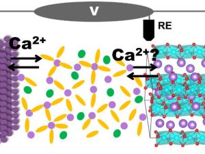 Batería recargable de calcio (ánodo de calcio metálico, electrolito, cátodo de óxido de calcio y cobalto)
