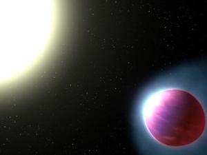 Imagen artística del planeta WASP 121b. La forma “abombada” del planeta es debida a las intensas fuerzas de marea que ejerce la estrella. / NASA, ESA, y G. Bacon (STSci)