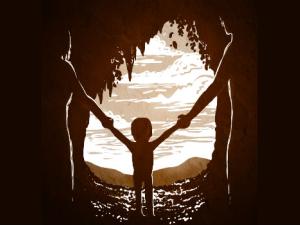 Dibujo de una madre de Neandertal y un padre de Denisovan con su hija, una niña, en la Cueva de Denisova en Rusia. / Petra Korlević (MPI-EVA)