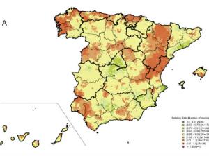 Mortalidad por cáncer de próstata en España entre 2010 y 2014 (hombres> = 65 años). Distribución municipal del riesgo relativo de muerte. / https://doi.org/10.1371/journal.pone.0210980.s001
