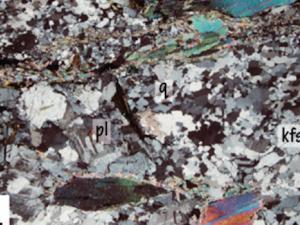  Microfotografía de la muestra estudiada (luz polarizada, nícoles cruzados). Obsérvese la presencia de cuarzo recristalizado y de dominios con alta deformación correspondientes a planos de tipo C. mu moscovita; pl-plagioclasa; kfs-feldespato potásico; q-cuarzo. / (Gabriel Gutiérrez-Alonso, et al). Disponible en: https://bit.ly/2TQPfR4