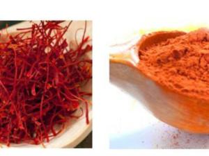 A la izquierda materia prima de estigmas de azafrán (Crocus sativus L), y a la derecha el correspondiente extracto natural affron® con el que se ha realizado el estudio.