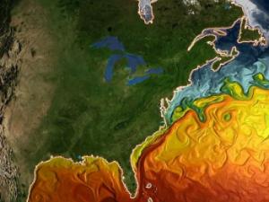 Imagen de la temperatura de superficie del Atlántico Norte simulado por el modelo CM2.6. / Remik Ziemlinski (NOAA GFDL).