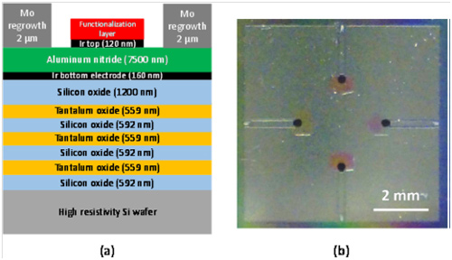 a) Esquema del corte transversal de un transductor. b) Fotografía de microscopio óptico de un chip con cuatro resonadores.