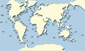 Figura 1.- Distribución media anual mundial de la energía de las olas en mar abierto (en kW/m frente de ola) Figura 1.- Distribución media anual mundial de la energía de las olas en mar abierto (en kW/m frente de ola)