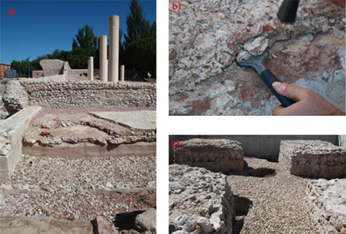 Yacimiento romano de Complutum en Alcalá de Henares. a) Diferentes niveles de pavimentos configurados con mortero en el Criptopórtico (siglo I d.C). b) extracción de mortero opus signinum en la Casa de Atrio (siglos I-III d.C.) c) Pillares del arco cuadrifrontal (siglo I d.C.)